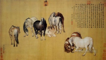 中国の伝統芸術 Painting - ラング輝く八頭の馬アンティーク中国